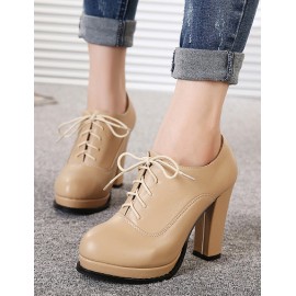 Classical Basic Round-Toe Lace-Up High Heel Ankle Boots Size:34-39