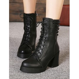 England Basic Lace-Up Chunky High Heel Boots with Rivets Detail Size:35-39