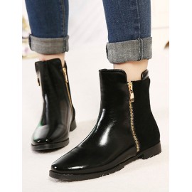 Concise Round-Toe Zip Side Low Heel Boots in Black Size:35-39