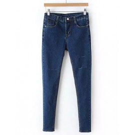 Street Split Trim Single-Button Skinny Jeans in Blue Size:S-L